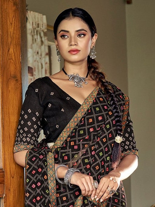 Ink Black Bandhani Jari Foil Printed Saree