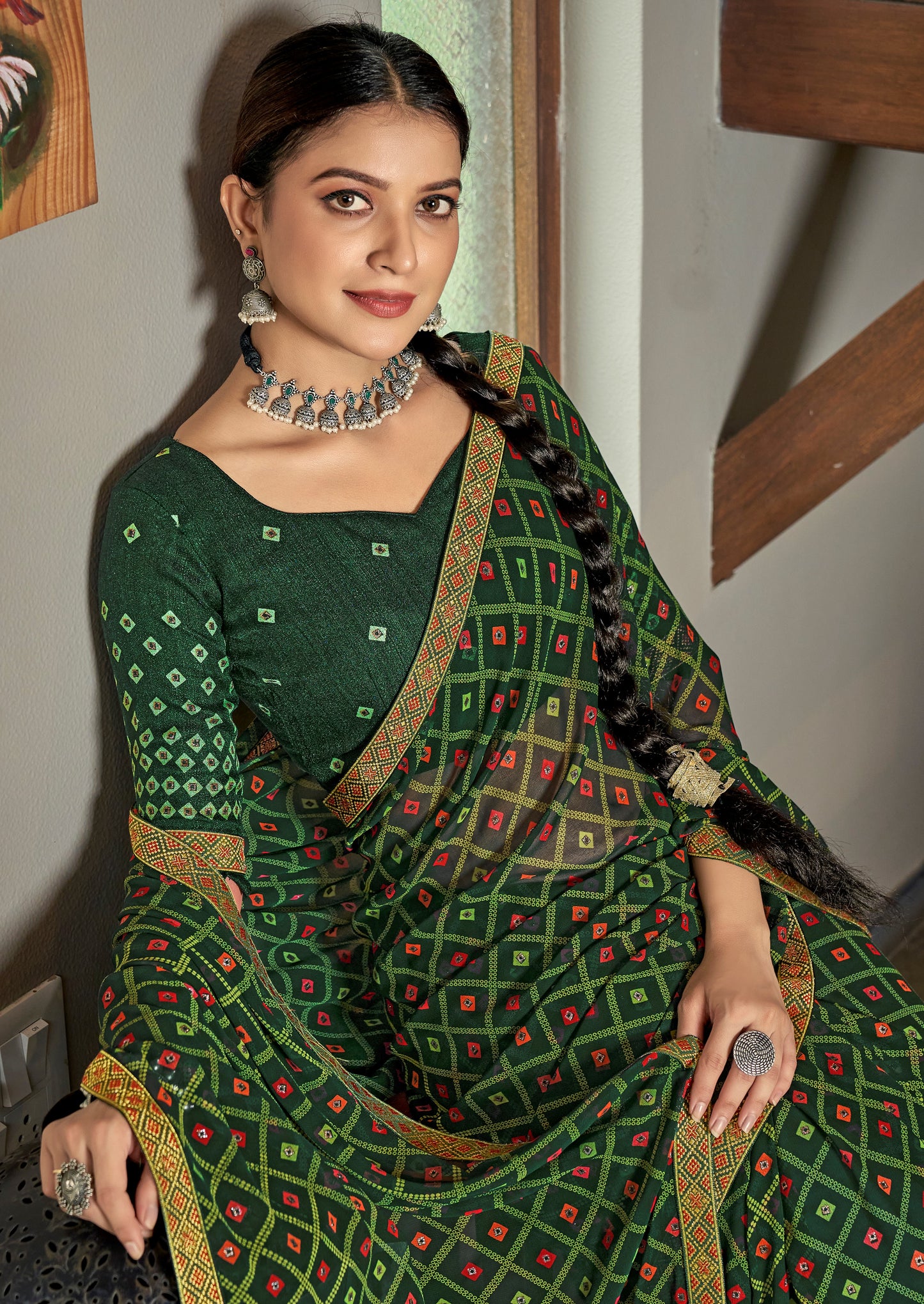 Dark Green Bandhani Jari Foil Printed Saree
