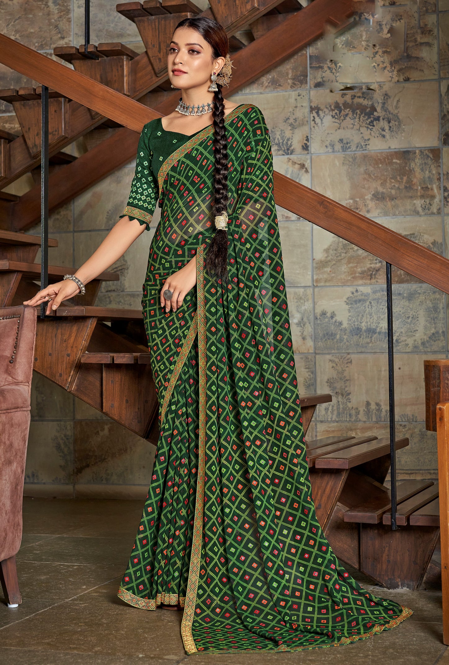 Dark Green Bandhani Jari Foil Printed Saree