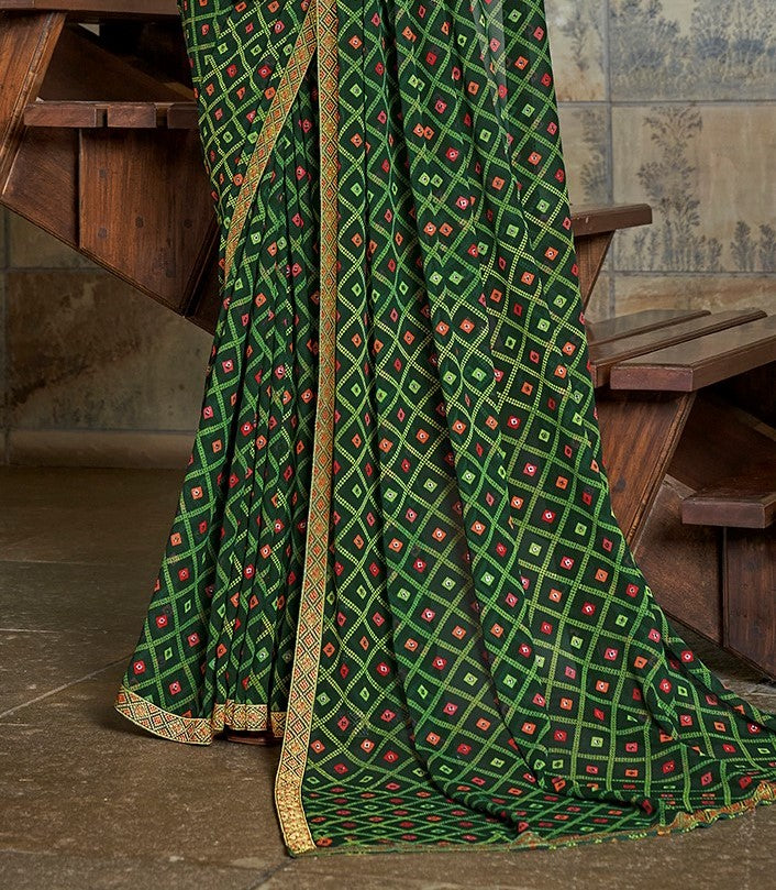 Dark Green Bandhani Jari Foil Printed Saree
