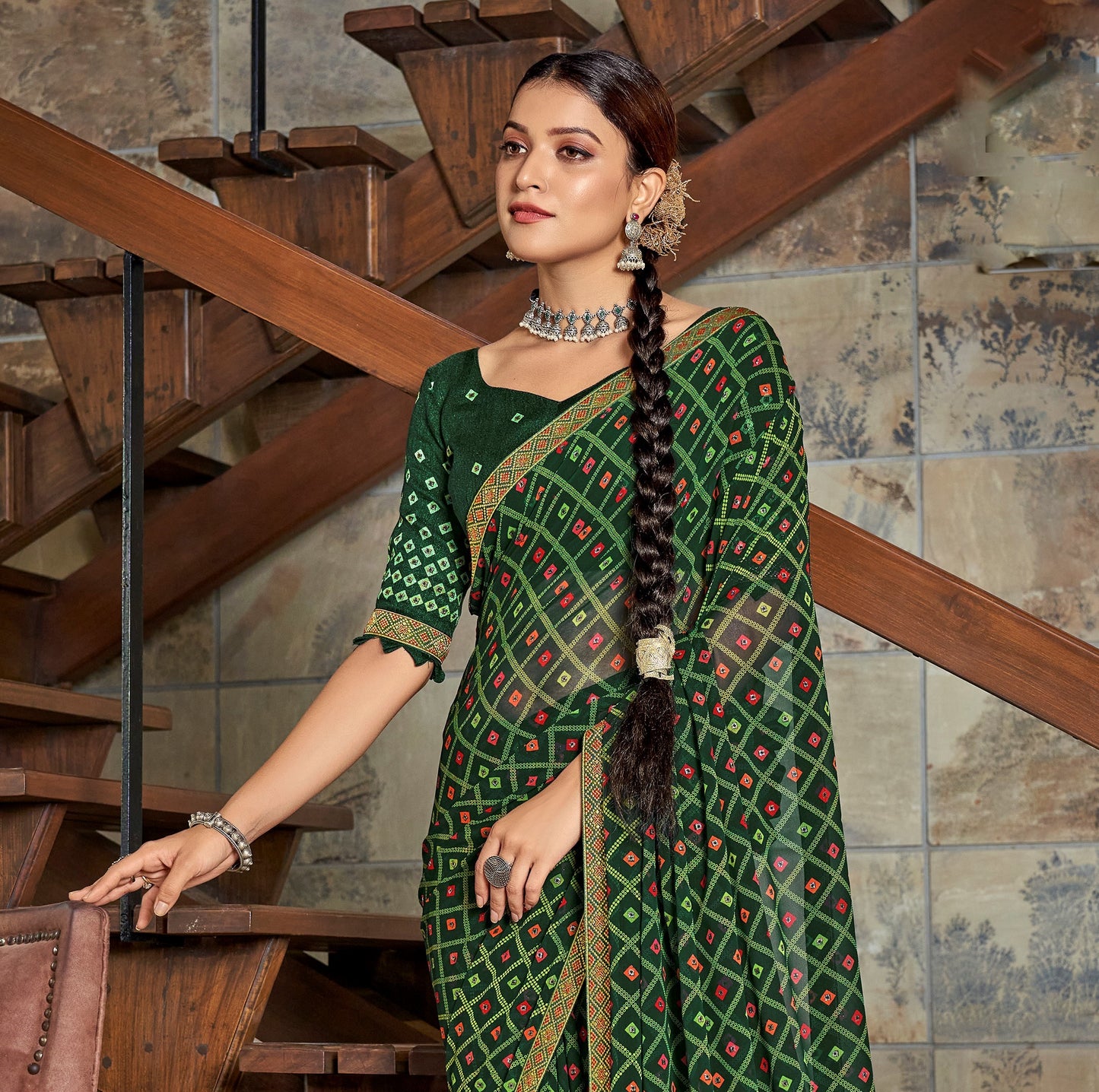 Dark Green Bandhani Jari Foil Printed Saree