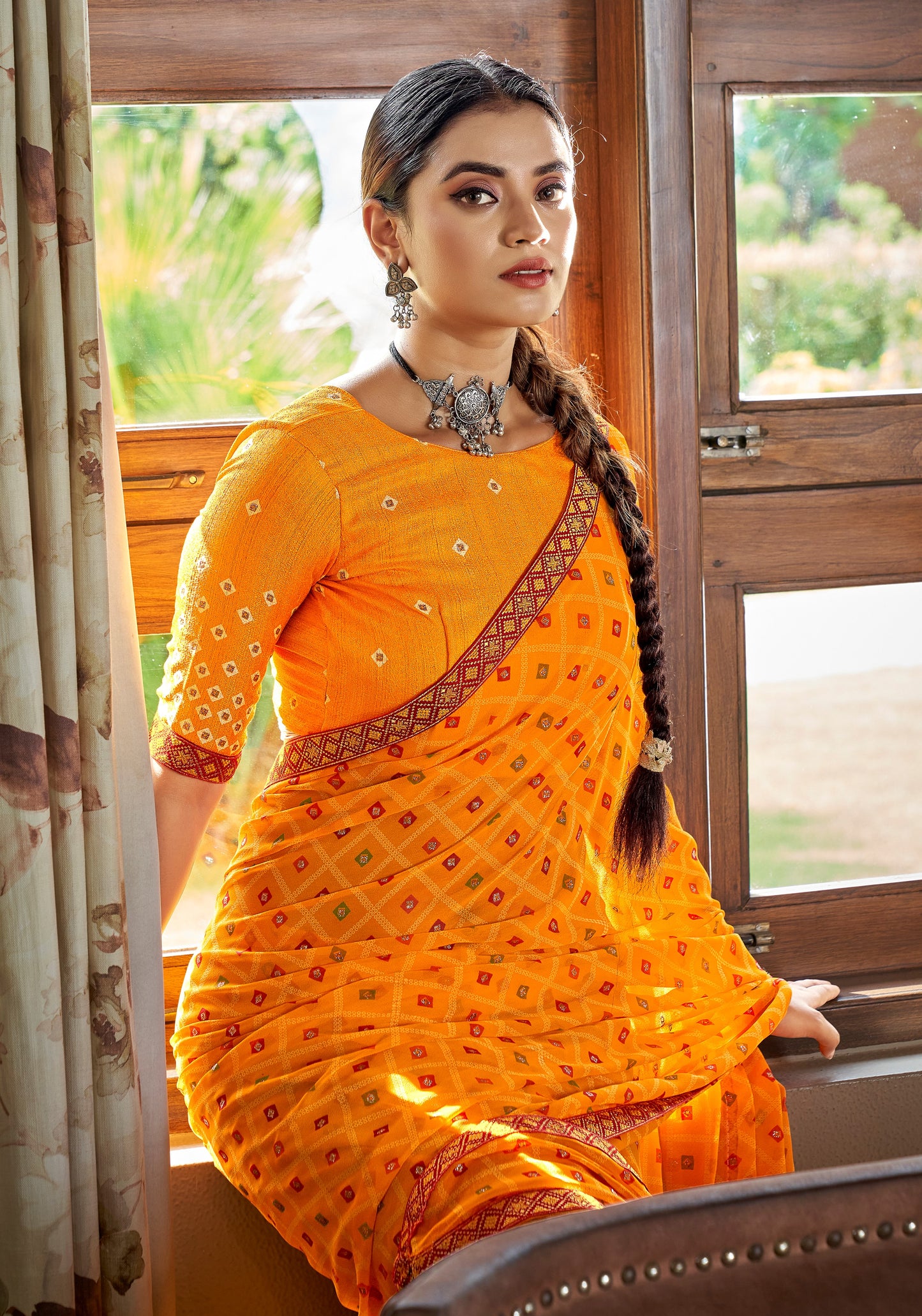 Mustard Bandhani Jari Foil Printed Saree