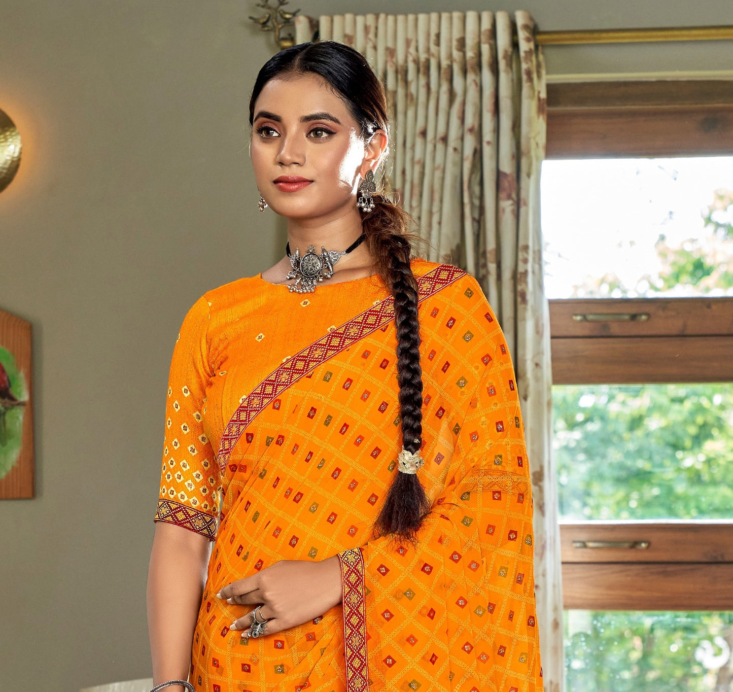 Mustard Bandhani Jari Foil Printed Saree
