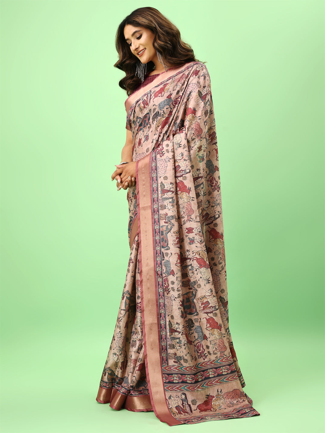 Wine Floral Print Tussar Silk Saree with Jari Border – A Blend of Tradition & Modern Elegance
