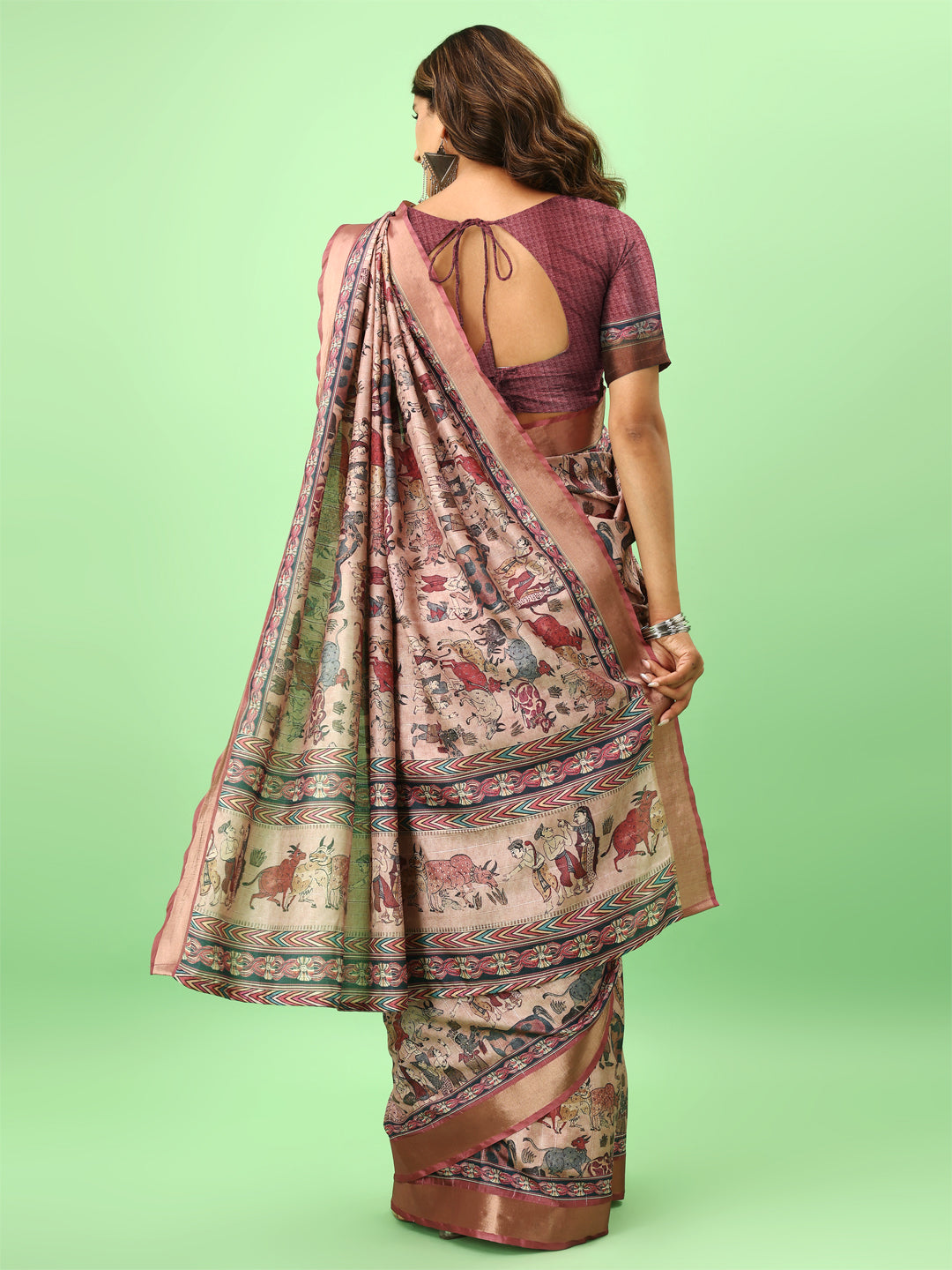 Wine Floral Print Tussar Silk Saree with Jari Border – A Blend of Tradition & Modern Elegance