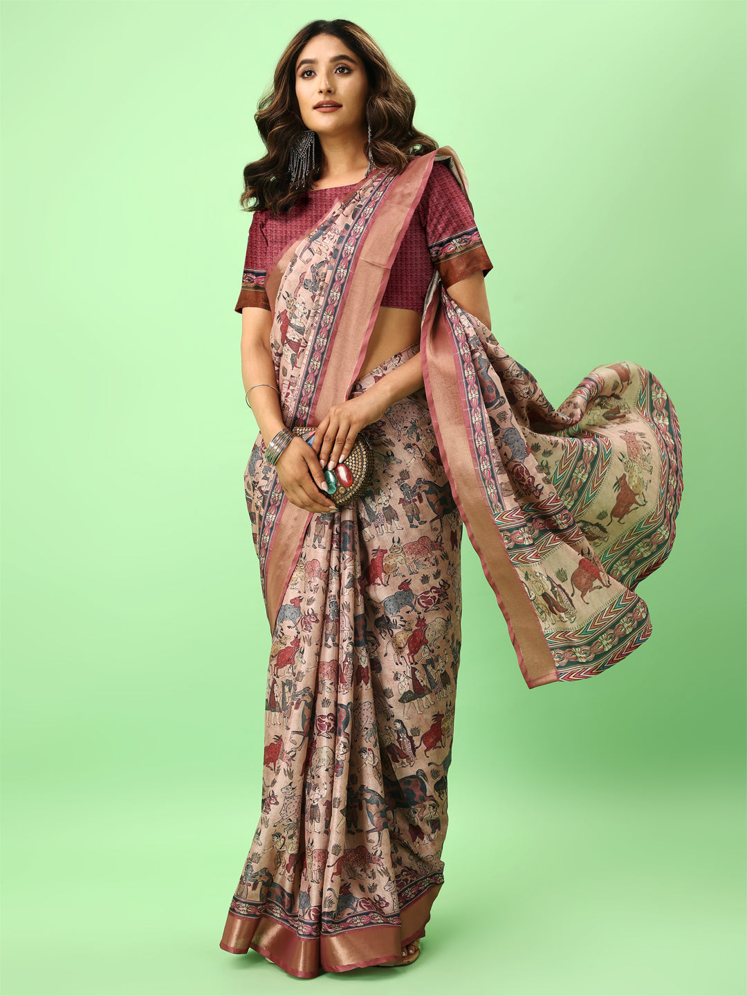 Wine Floral Print Tussar Silk Saree with Jari Border – A Blend of Tradition & Modern Elegance