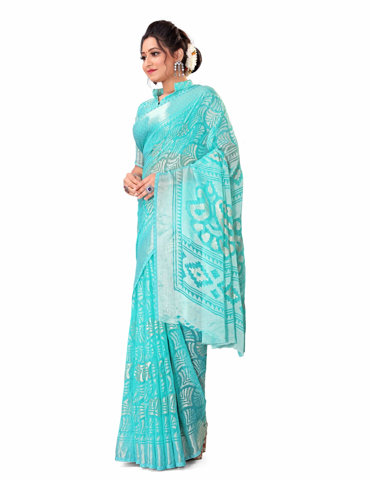 Beautiful Brasso Saree With Ethnic Motif & Gold Zari Prints