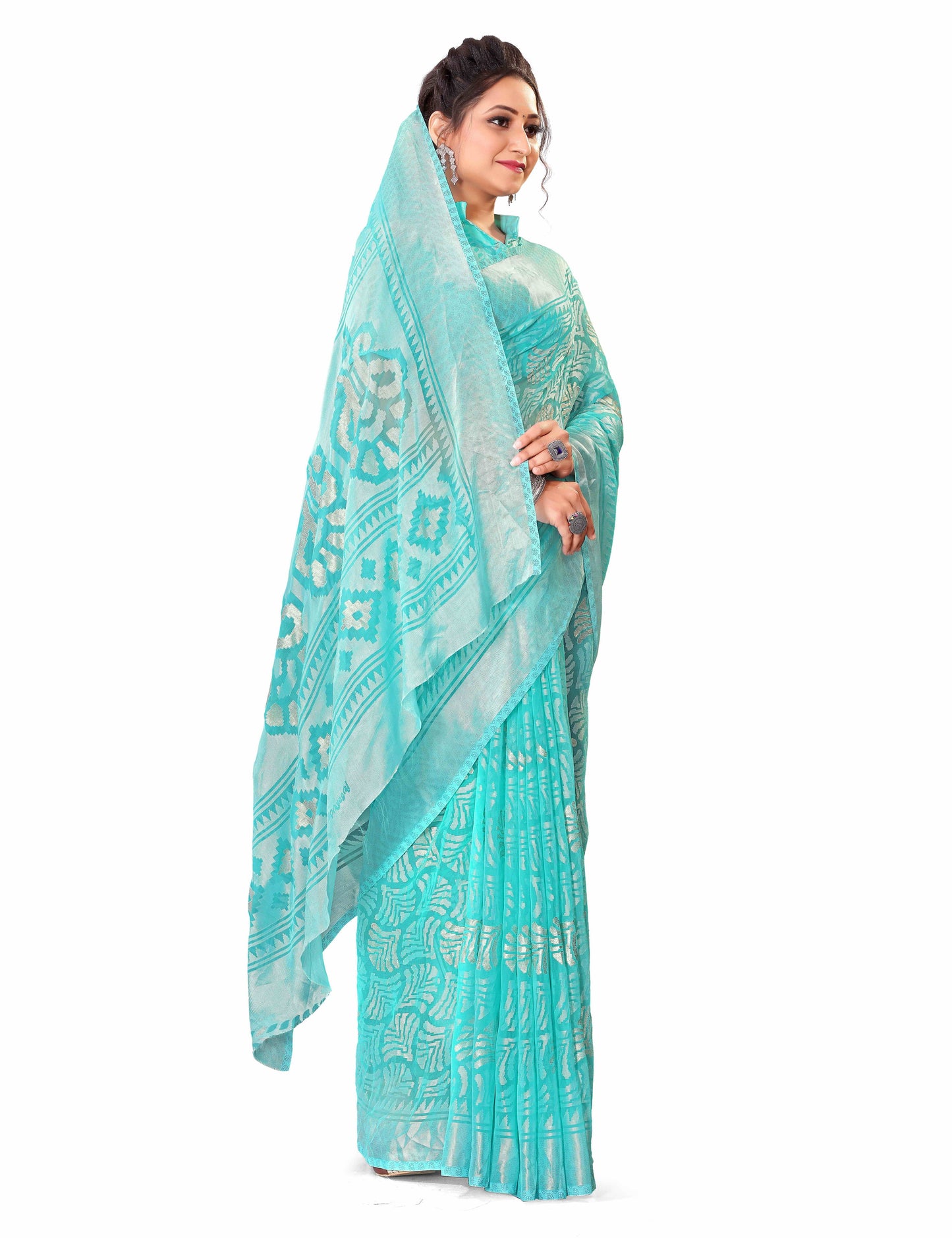 Beautiful Brasso Saree With Ethnic Motif & Gold Zari Prints