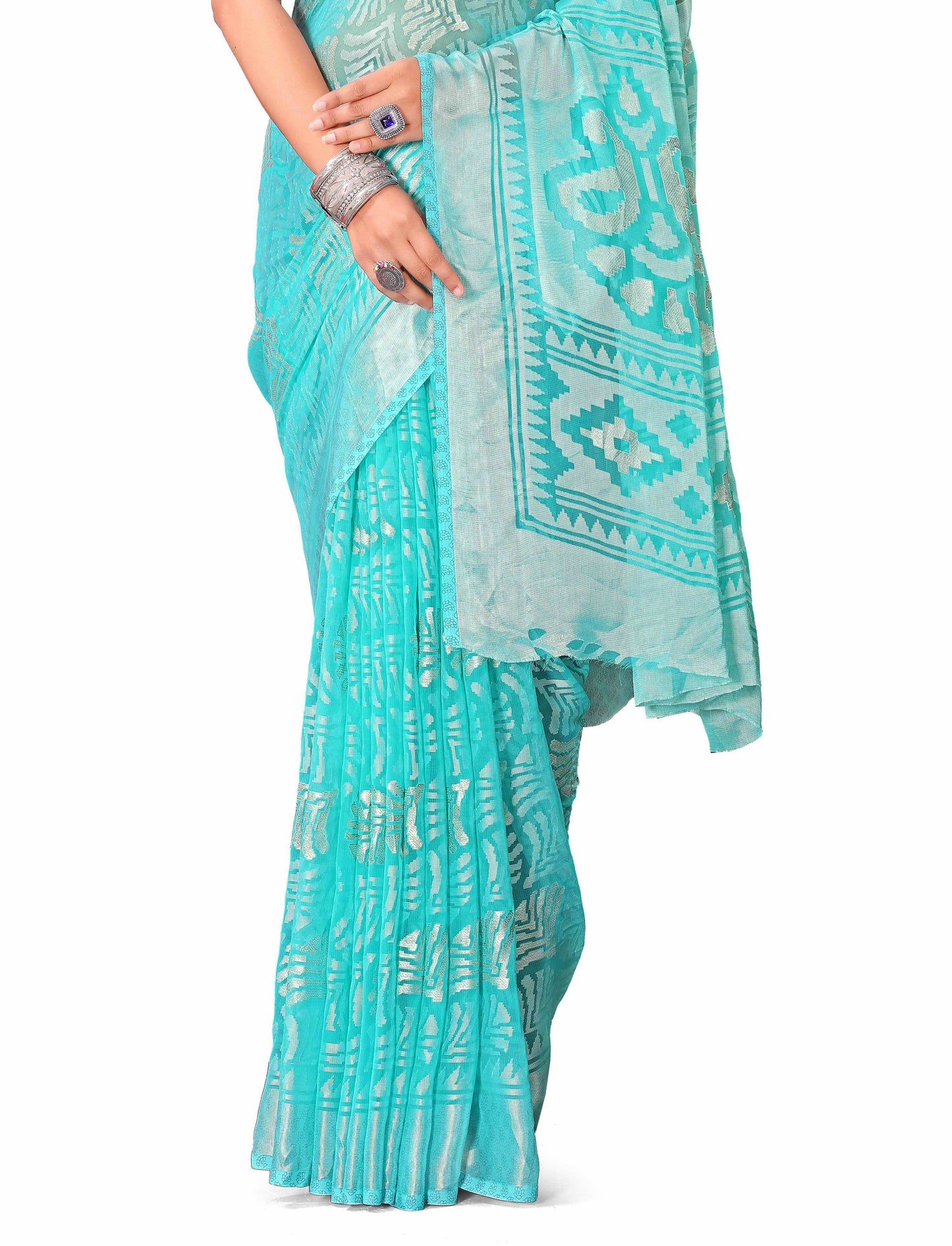 Beautiful Brasso Saree With Ethnic Motif & Gold Zari Prints