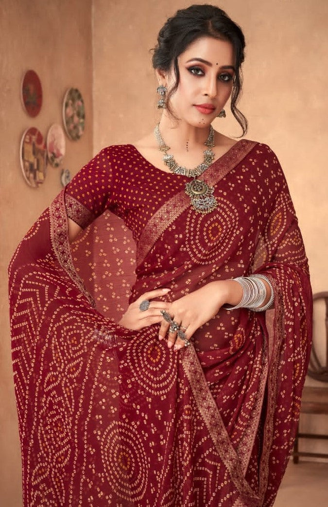 Marron Bandhani Foil Printed Saree