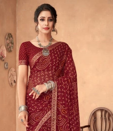 Marron Bandhani Foil Printed Saree