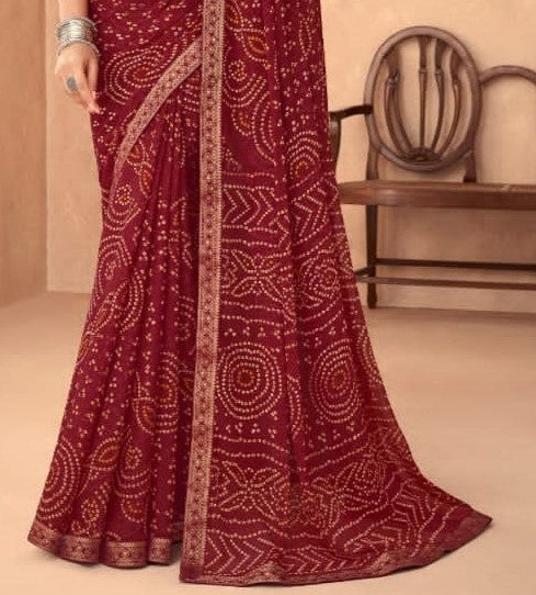 Marron Bandhani Foil Printed Saree
