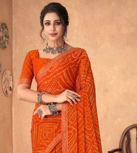 Orange Bandhani Foil Printed Saree