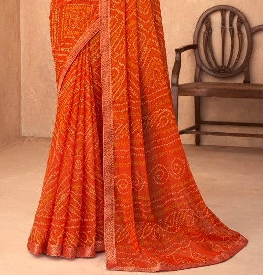Orange Bandhani Foil Printed Saree