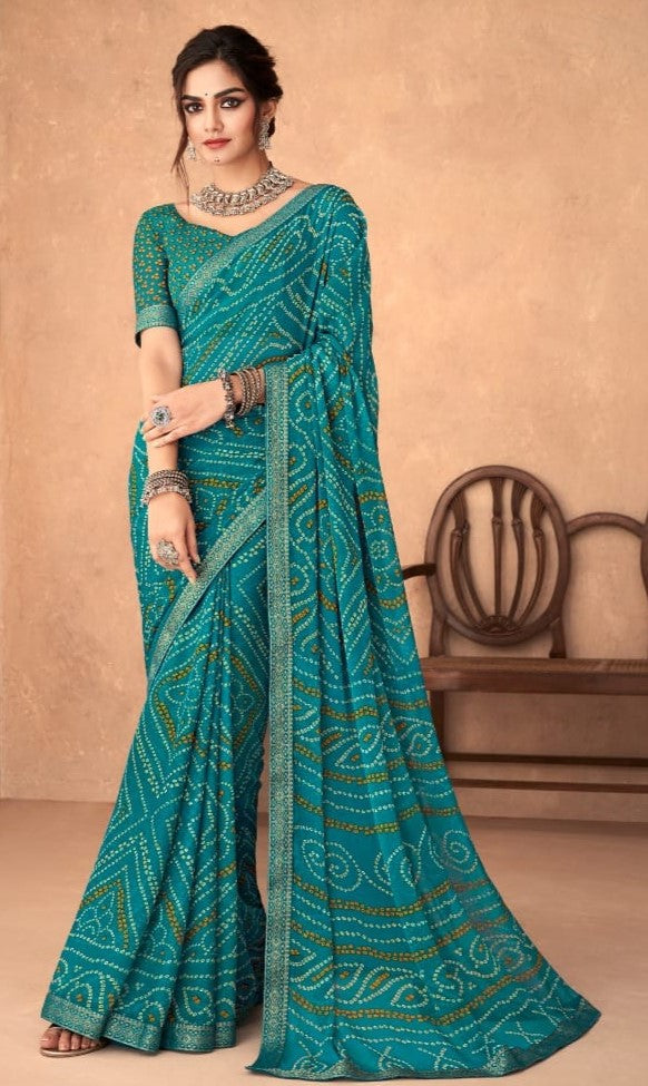 Rama Bandhani Foil Printed Saree