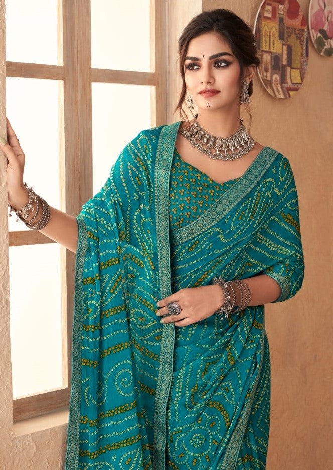 Rama Bandhani Foil Printed Saree