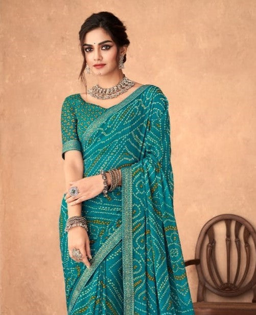 Rama Bandhani Foil Printed Saree
