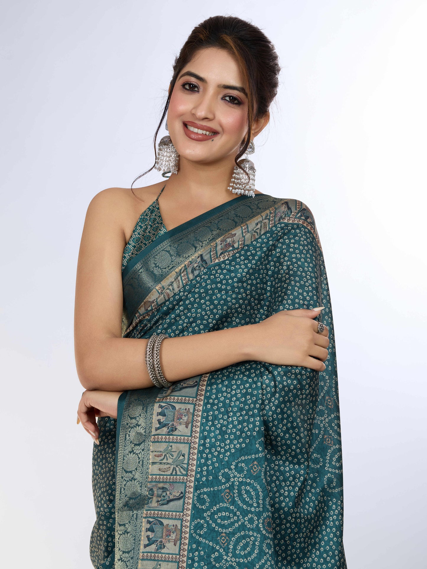 Tussar Silk Printed Saree – Teal blue