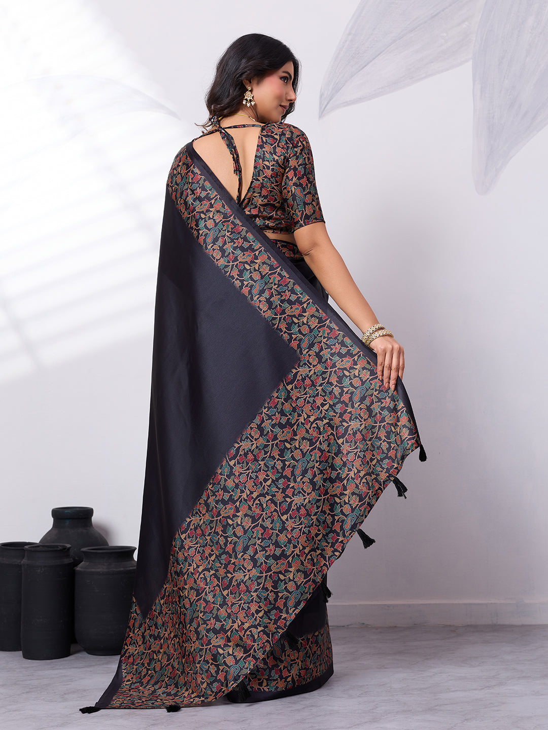 Sattin Tussar Silk Digital Printed Saree With Tassels