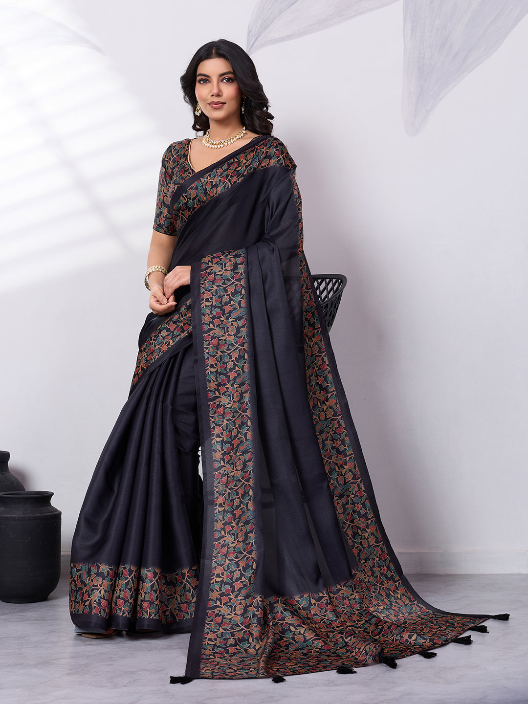 Sattin Tussar Silk Digital Printed Saree With Tassels