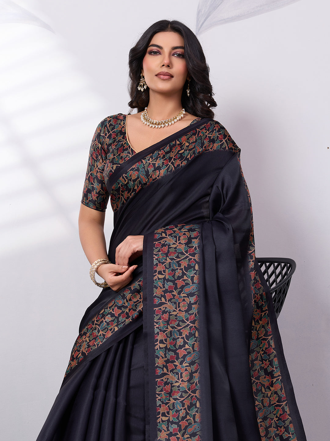 Sattin Tussar Silk Digital Printed Saree With Tassels