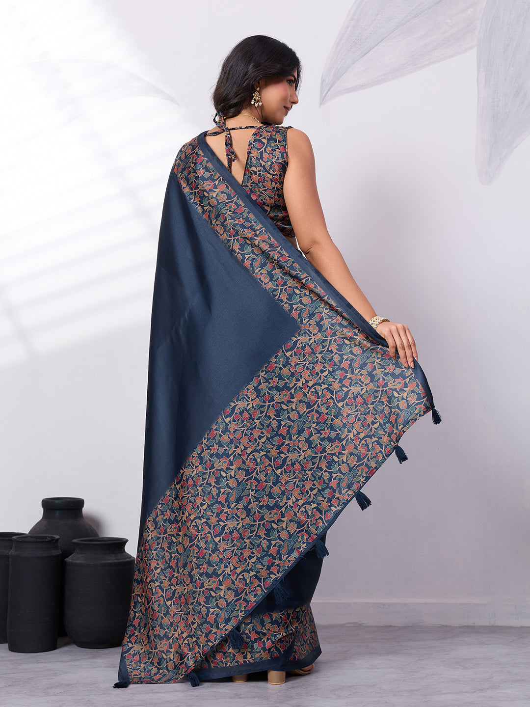 Sattin Tussar Silk Digital Printed Saree With Tassels