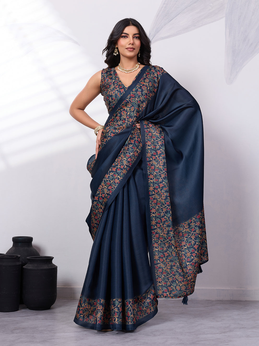 Sattin Tussar Silk Digital Printed Saree With Tassels