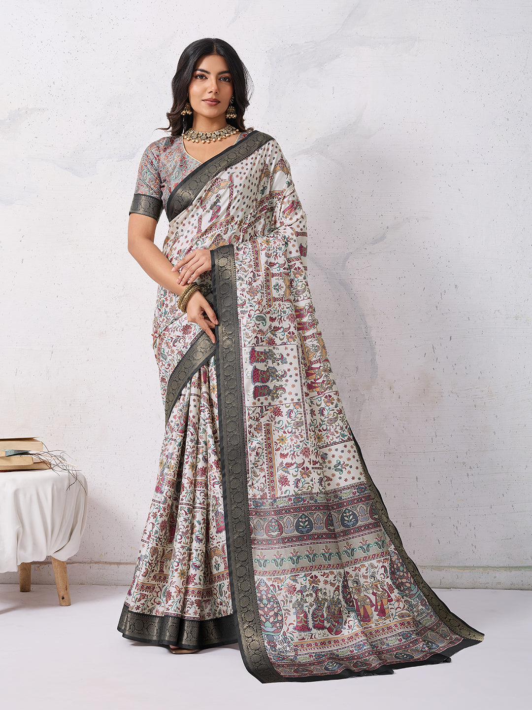 Tussar Silk Digital Kalamkari Print Saree With Jacquard Border