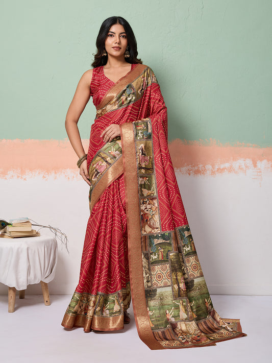 Red Tussar Silk Bandhani Print Saree With Jacquard Border
