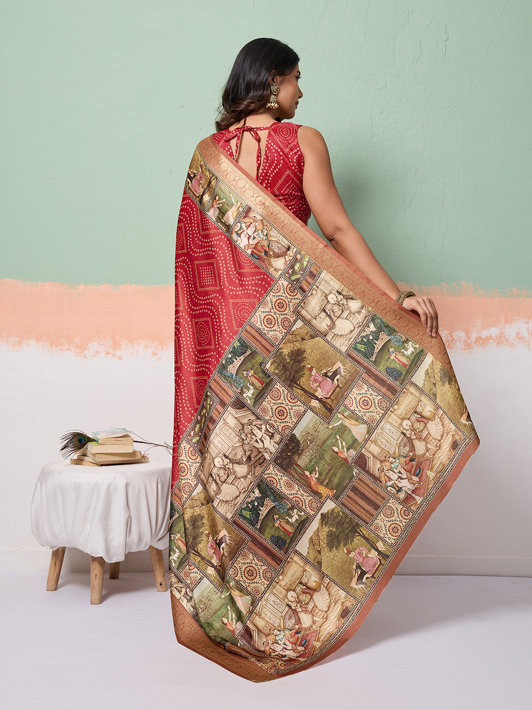 Red Tussar Silk Bandhani Print Saree With Jacquard Border