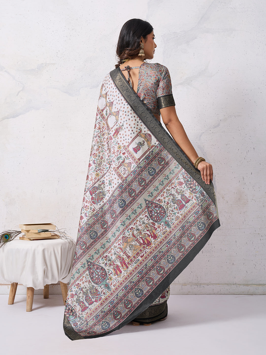 Tussar Silk Digital Kalamkari Print Saree With Jacquard Border