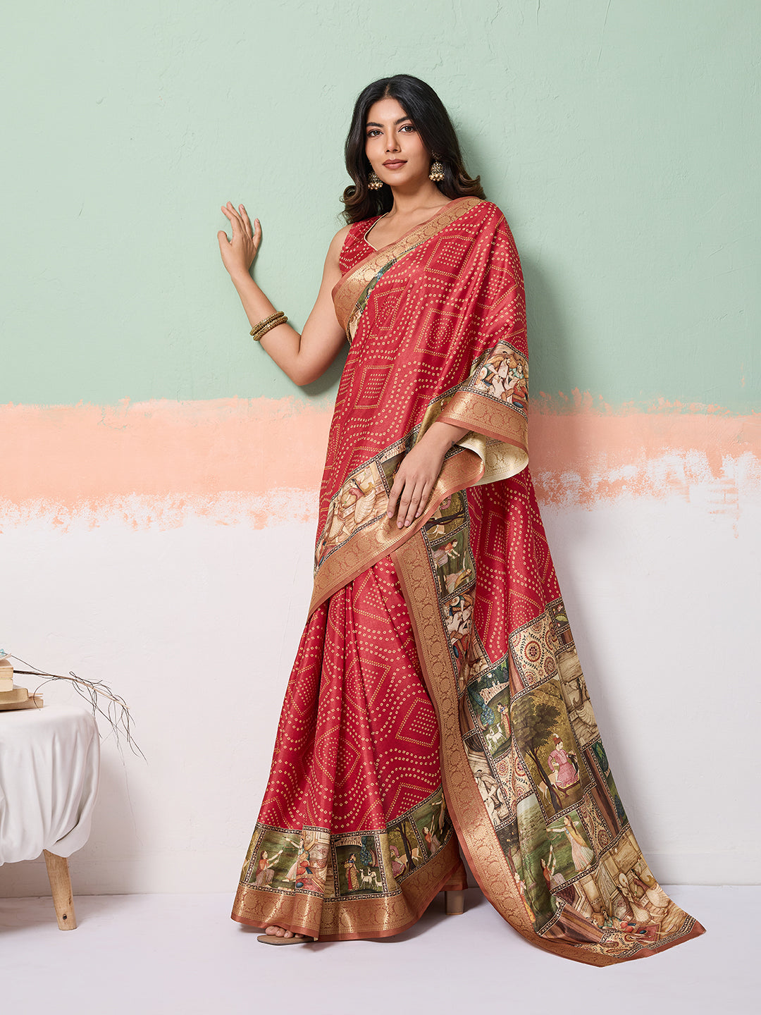 Red Tussar Silk Bandhani Print Saree With Jacquard Border