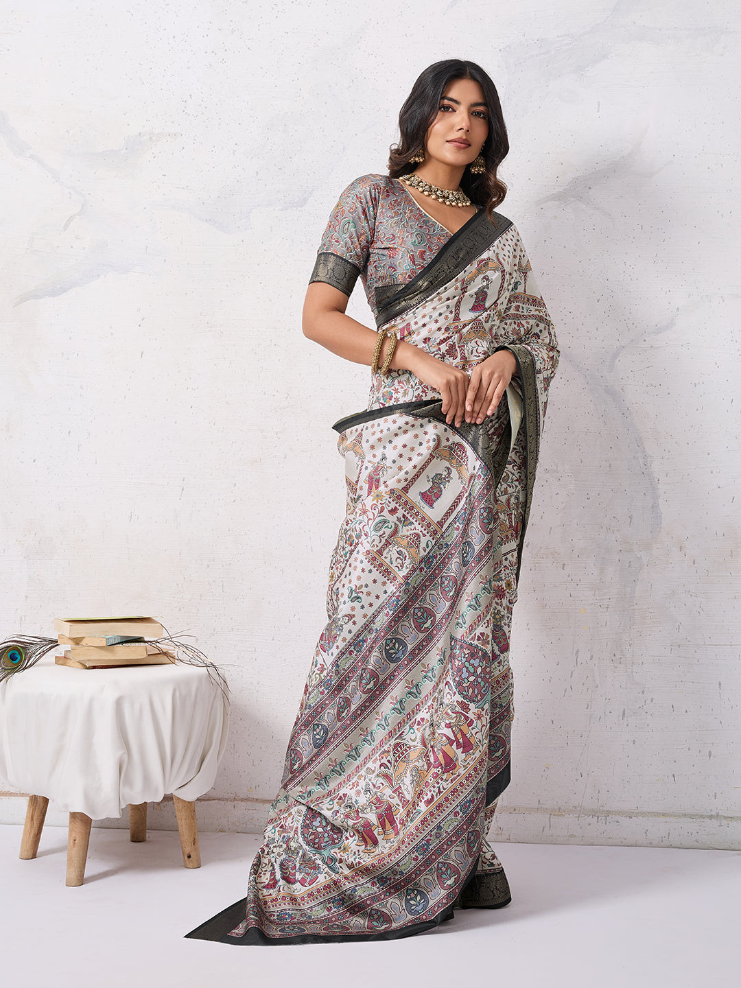 Tussar Silk Digital Kalamkari Print Saree With Jacquard Border