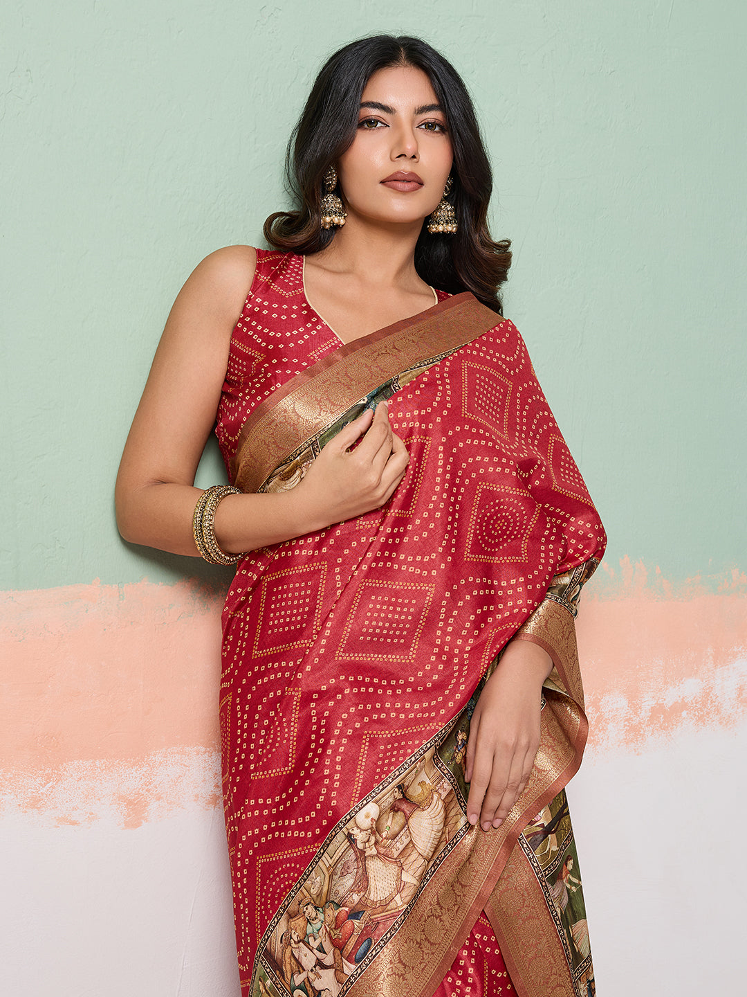 Red Tussar Silk Bandhani Print Saree With Jacquard Border
