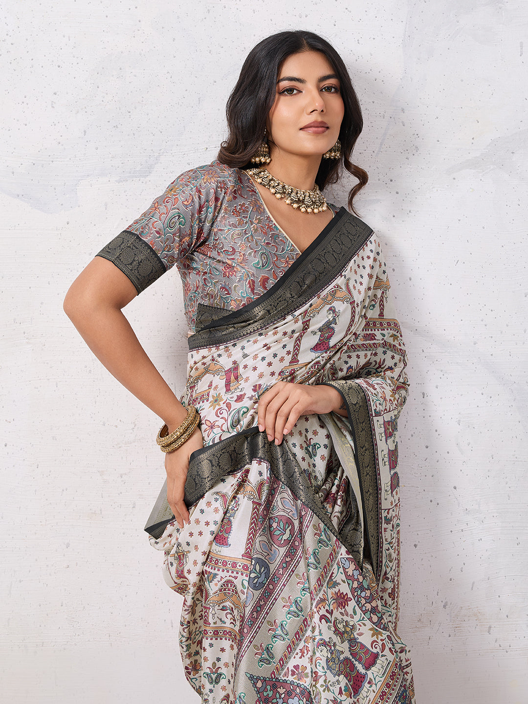 Tussar Silk Digital Kalamkari Print Saree With Jacquard Border