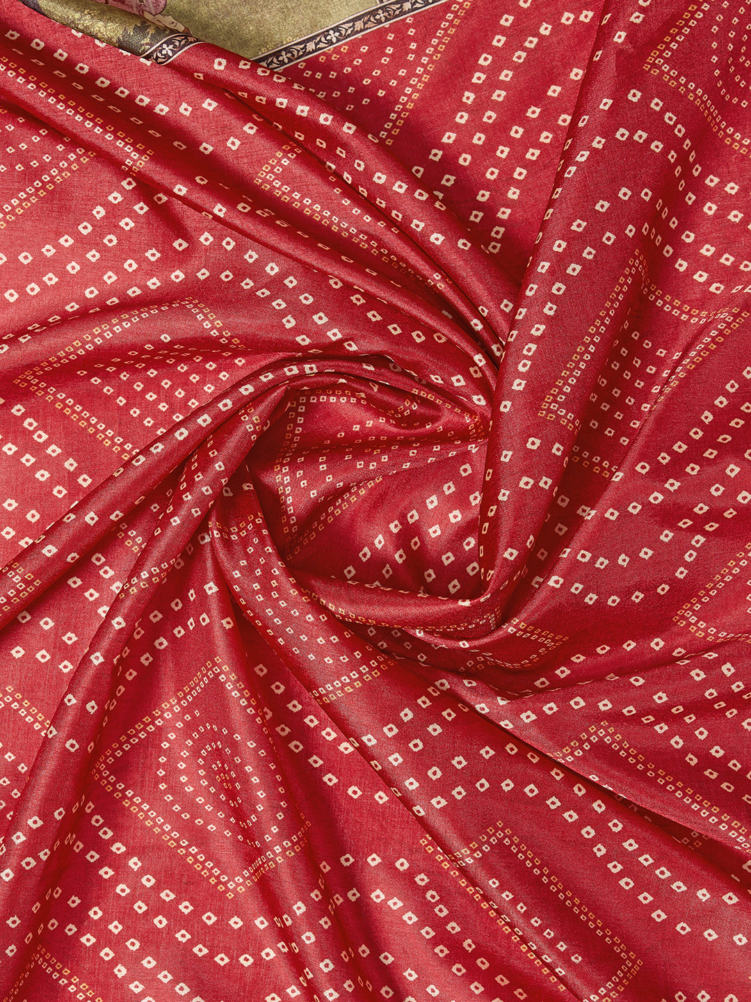 Red Tussar Silk Bandhani Print Saree With Jacquard Border