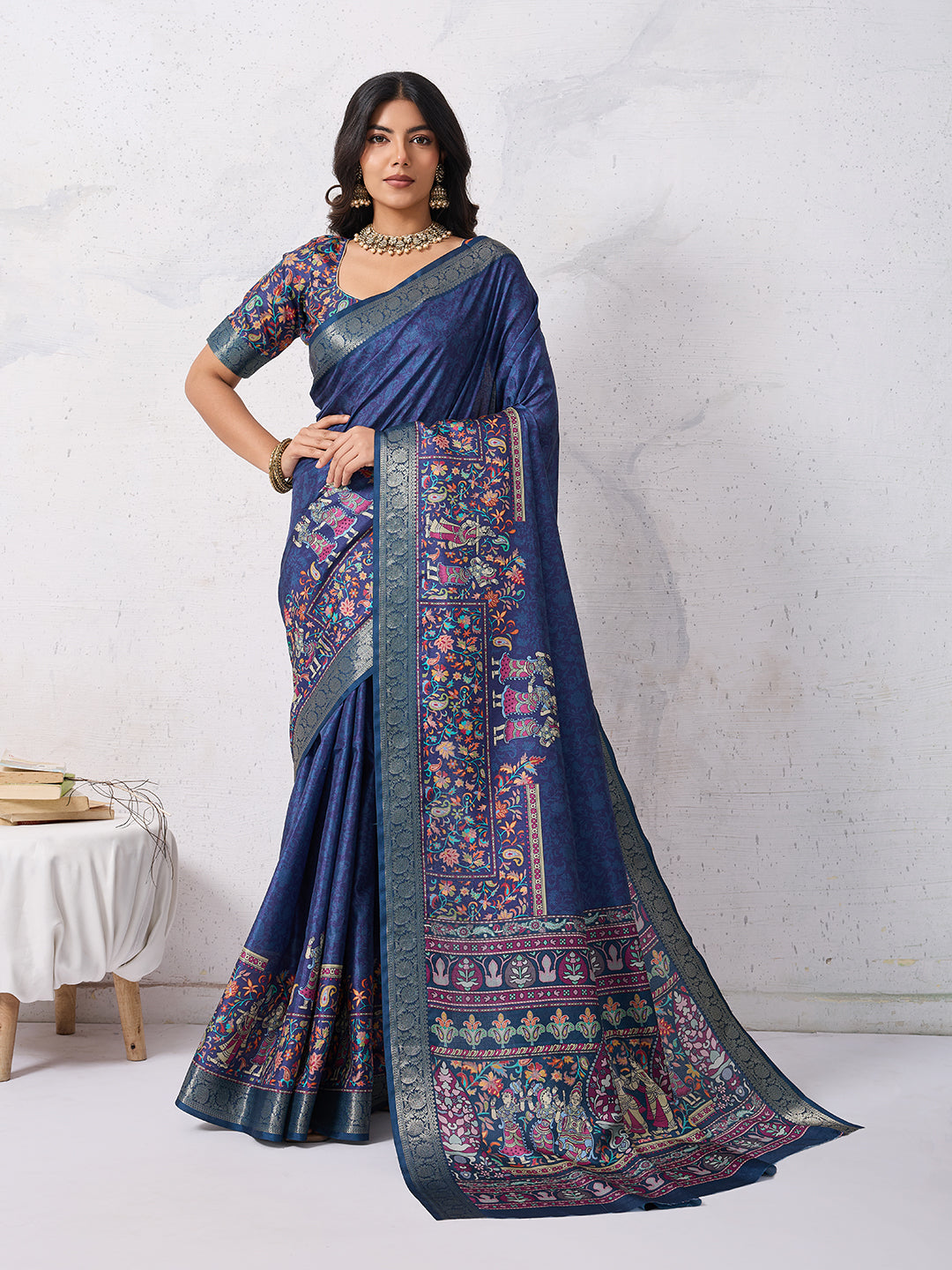 Tussar Silk Digital Kalamkari Print Saree With Jacquard Border
