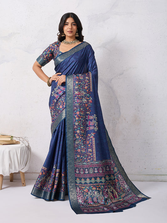 Tussar Silk Digital Kalamkari Print Saree With Jacquard Border