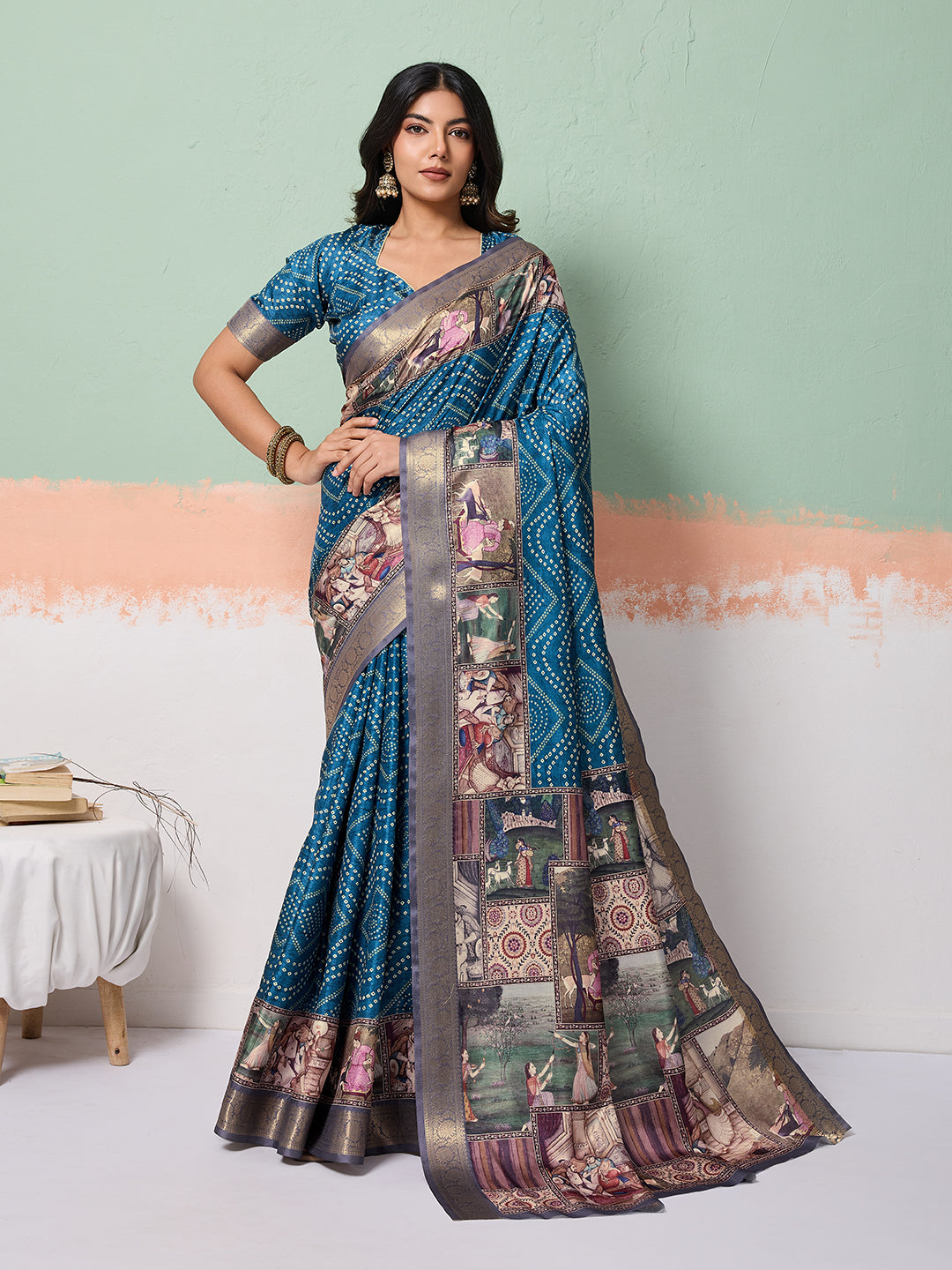 Blue Tussar Silk Bandhani Print Saree With Jacquard Border