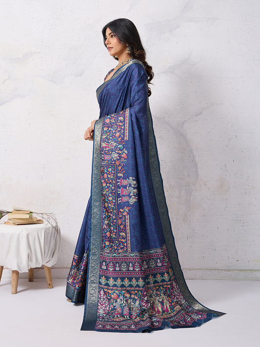 Tussar Silk Digital Kalamkari Print Saree With Jacquard Border