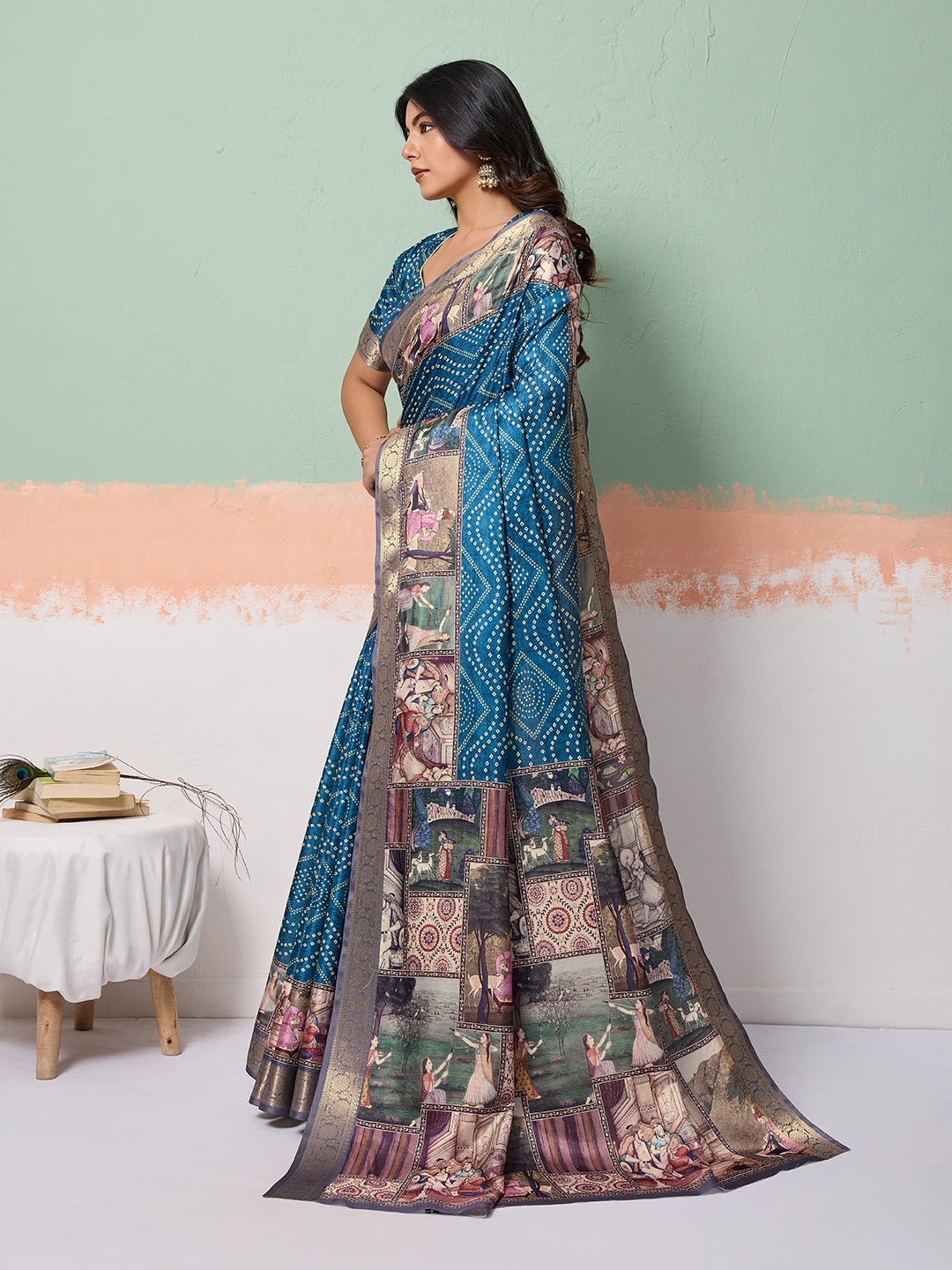 Blue Tussar Silk Bandhani Print Saree With Jacquard Border