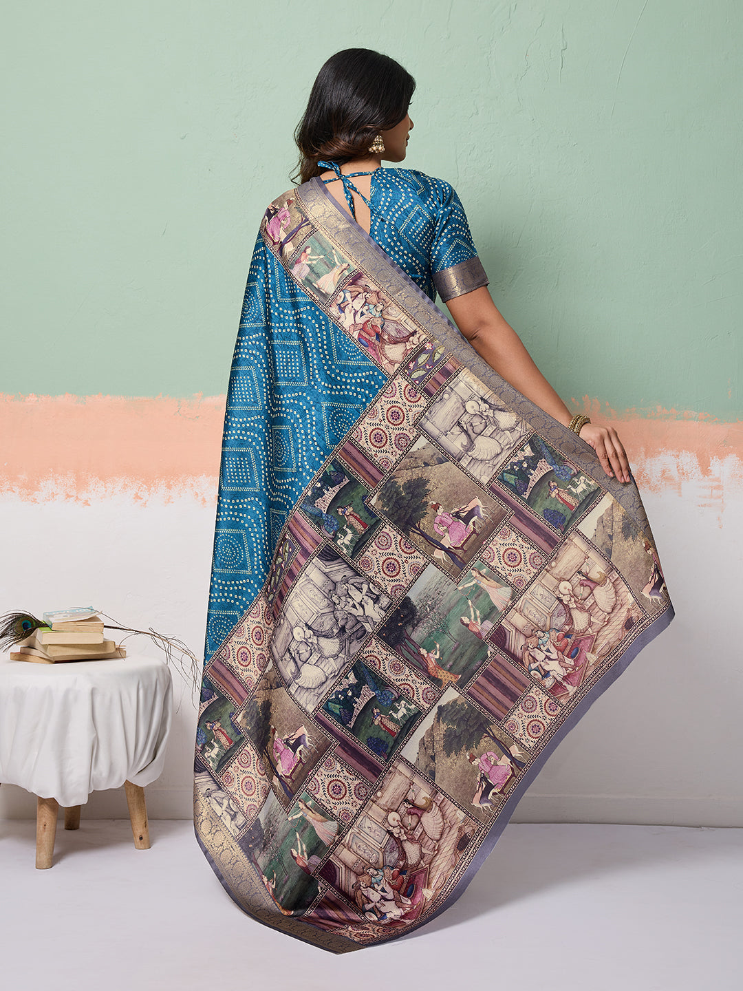 Blue Tussar Silk Bandhani Print Saree With Jacquard Border