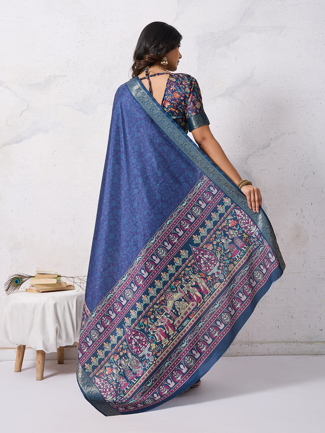 Tussar Silk Digital Kalamkari Print Saree With Jacquard Border