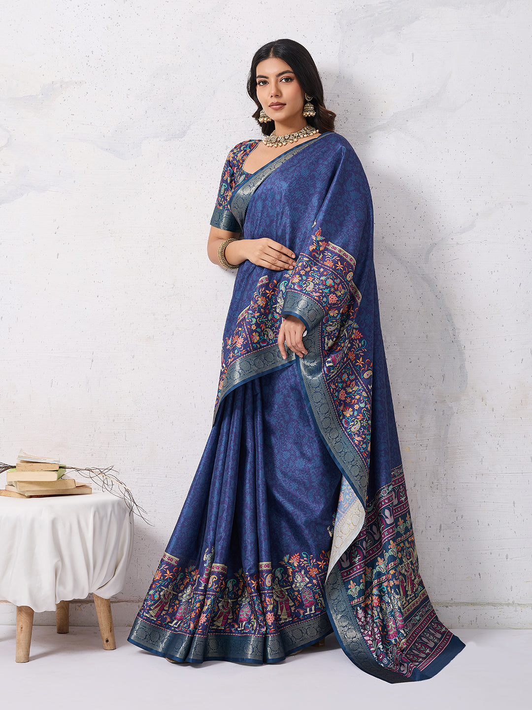 Tussar Silk Digital Kalamkari Print Saree With Jacquard Border