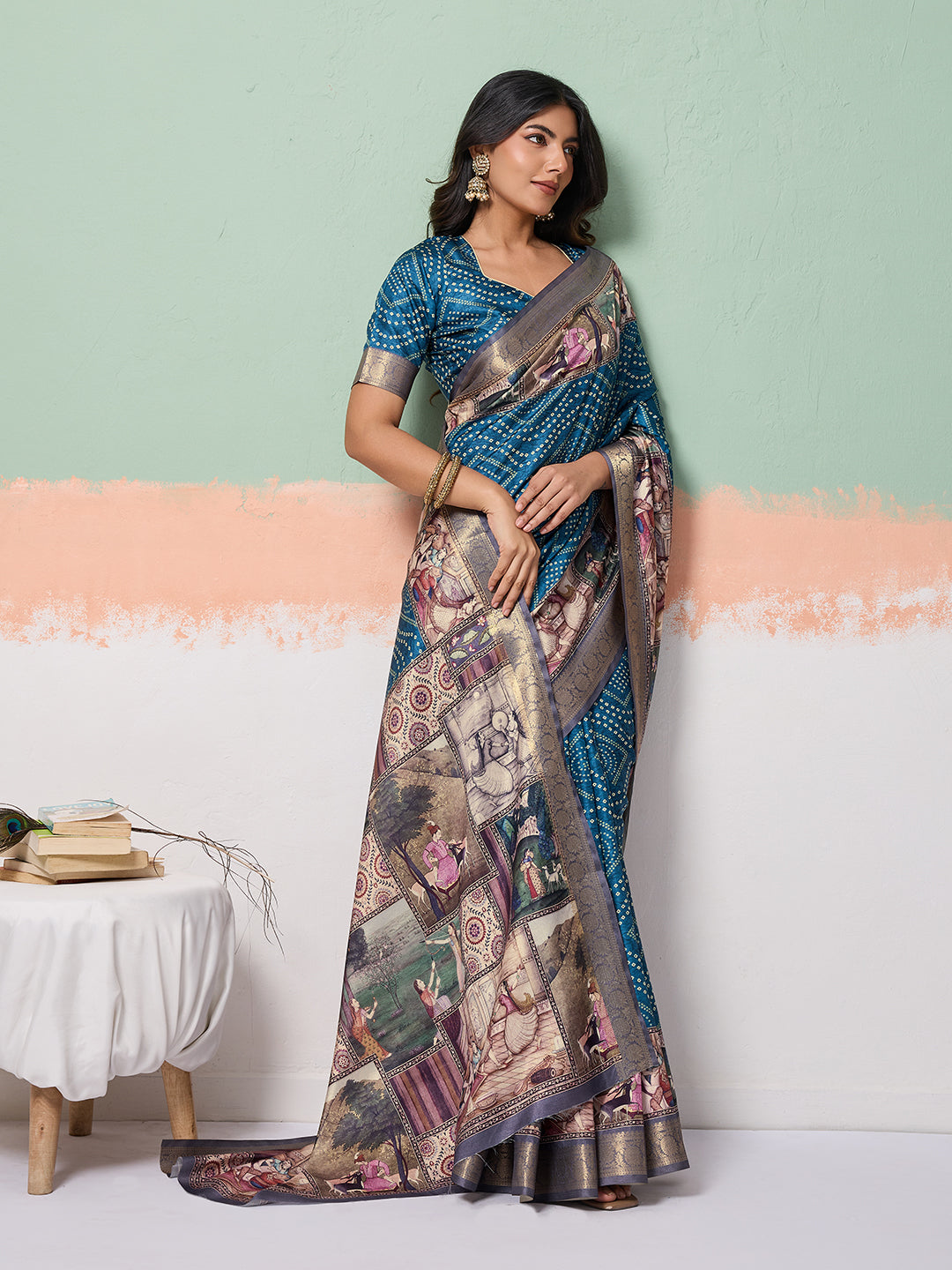Blue Tussar Silk Bandhani Print Saree With Jacquard Border