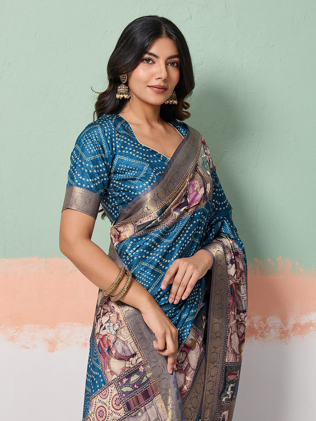 Blue Tussar Silk Bandhani Print Saree With Jacquard Border