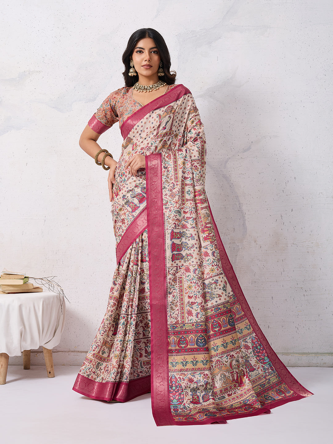 Tussar Silk Digital Kalamkari Print Saree With Jacquard Border