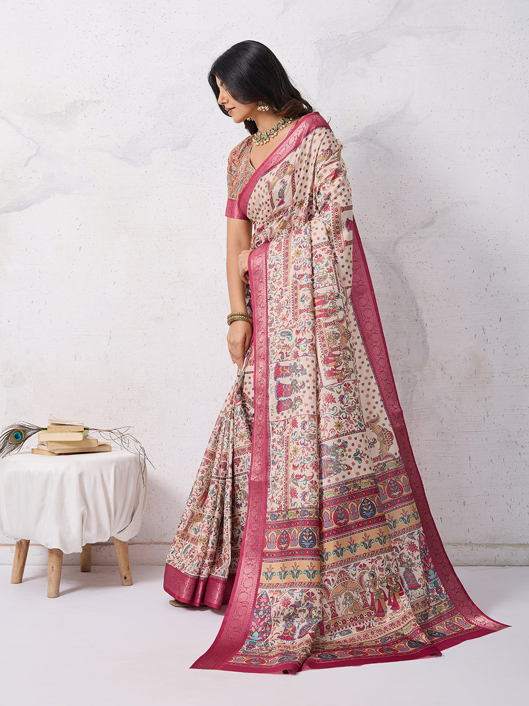 Tussar Silk Digital Kalamkari Print Saree With Jacquard Border