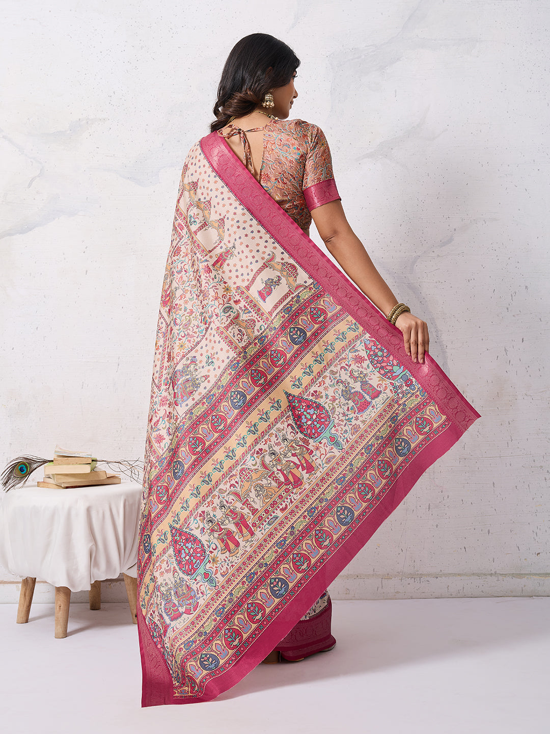 Tussar Silk Digital Kalamkari Print Saree With Jacquard Border