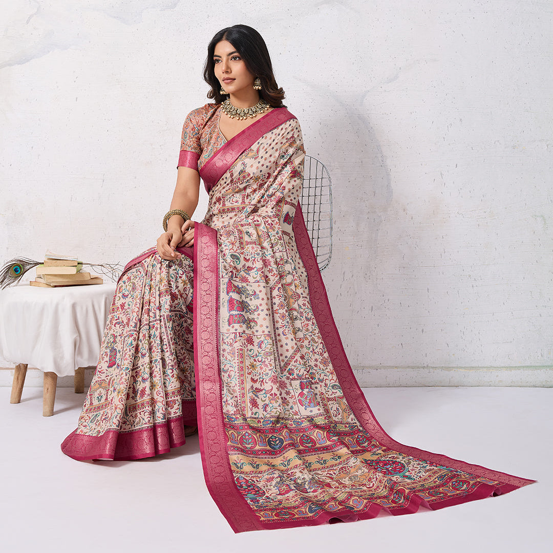 Tussar Silk Digital Kalamkari Print Saree With Jacquard Border